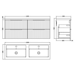 Fluted 1200mm Wall Hung 4 Drawer Vanity & Double Polymarble Basin - Satin White - Technical Drawing