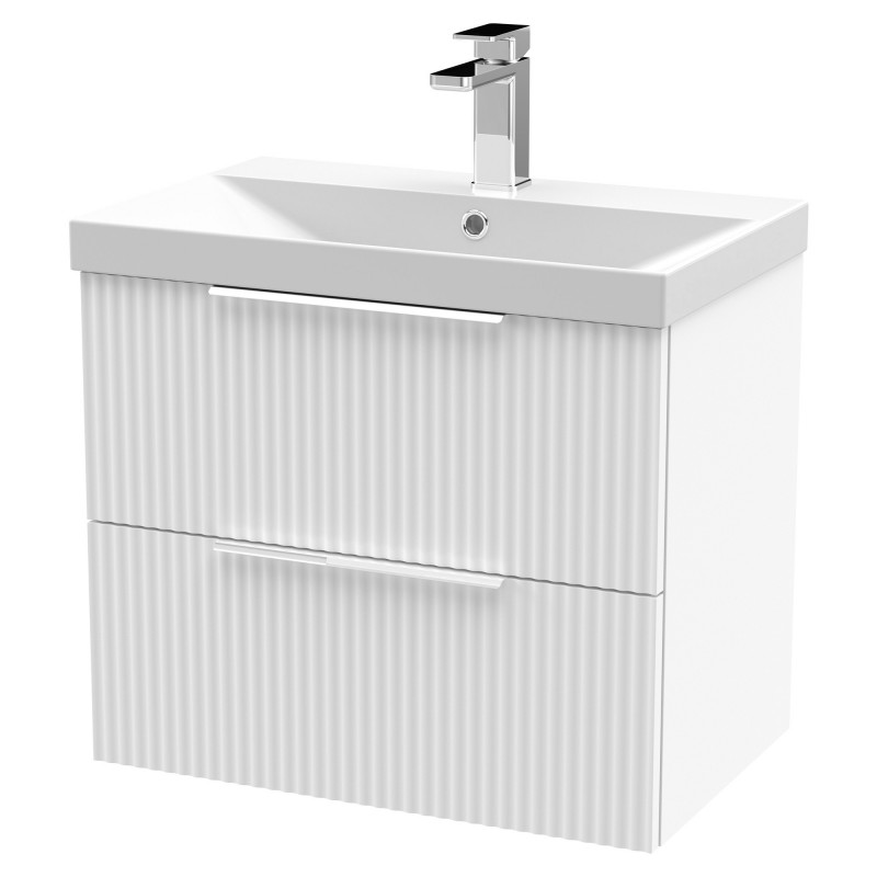 Fluted 600mm Wall Hung 2 Drawer Vanity & Thin-Edge Ceramic Basin - Satin White Fluted 600mm Wall Hung 2 Drawer Vanity & Thin-Edge Ceramic Basin - Satin White