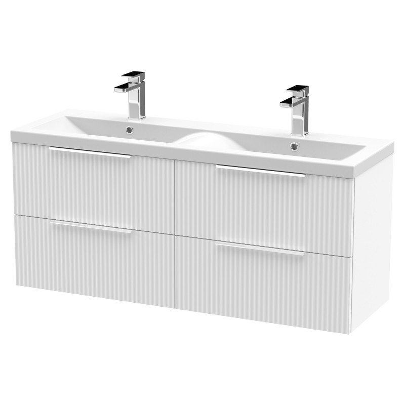 Fluted 1200mm Wall Hung 4 Drawer Vanity & Double Ceramic Basin - Satin White Fluted 1200mm Wall Hung 4 Drawer Vanity & Double Ceramic Basin - Satin White