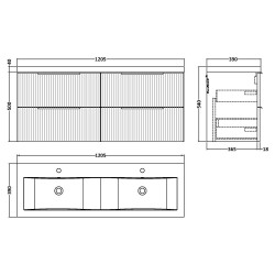 Fluted 1200mm Wall Hung 4 Drawer Vanity & Double Ceramic Basin - Satin White - Technical Drawing