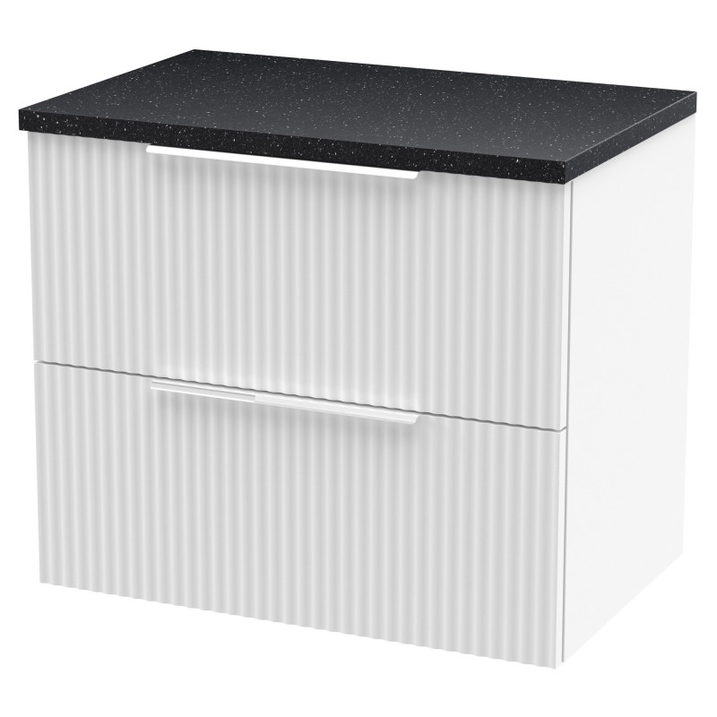 Fluted 600mm Wall Hung 2 Drawer Vanity & Black Sparkle Laminate Worktop - Satin White Fluted 600mm Wall Hung 2 Drawer Vanity & Black Sparkle Laminate Worktop - Satin White