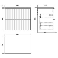 Fluted 600mm Wall Hung 2 Drawer Vanity & Black Sparkle Laminate Worktop - Satin White - Technical Drawing