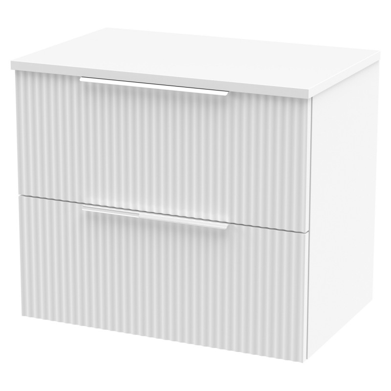 Fluted 600mm Wall Hung 2 Drawer Vanity & Worktop - Satin White Fluted 600mm Wall Hung 2 Drawer Vanity & Worktop - Satin White