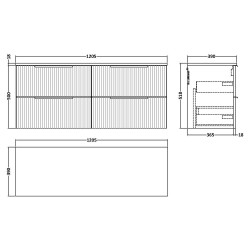 Fluted 1200mm Wall Hung 4 Drawer Vanity & Worktop - Satin White - Technical Drawing