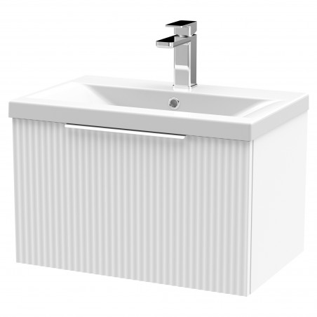 Fluted 600mm Wall Hung Single Drawer Vanity & Mid-Edge Ceramic Basin - Satin White