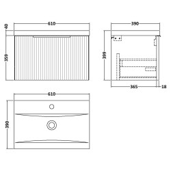 Fluted 600mm Wall Hung Single Drawer Vanity & Mid-Edge Ceramic Basin - Satin White - Technical Drawing