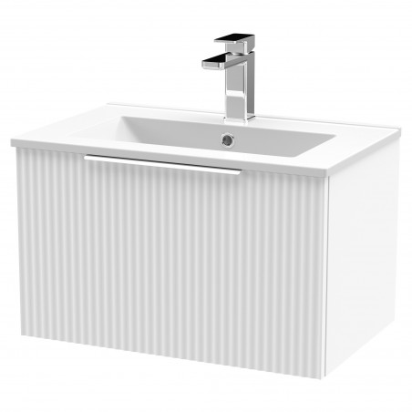 Fluted 600mm Wall Hung Single Drawer Vanity & Minimalist Ceramic Basin - Satin White