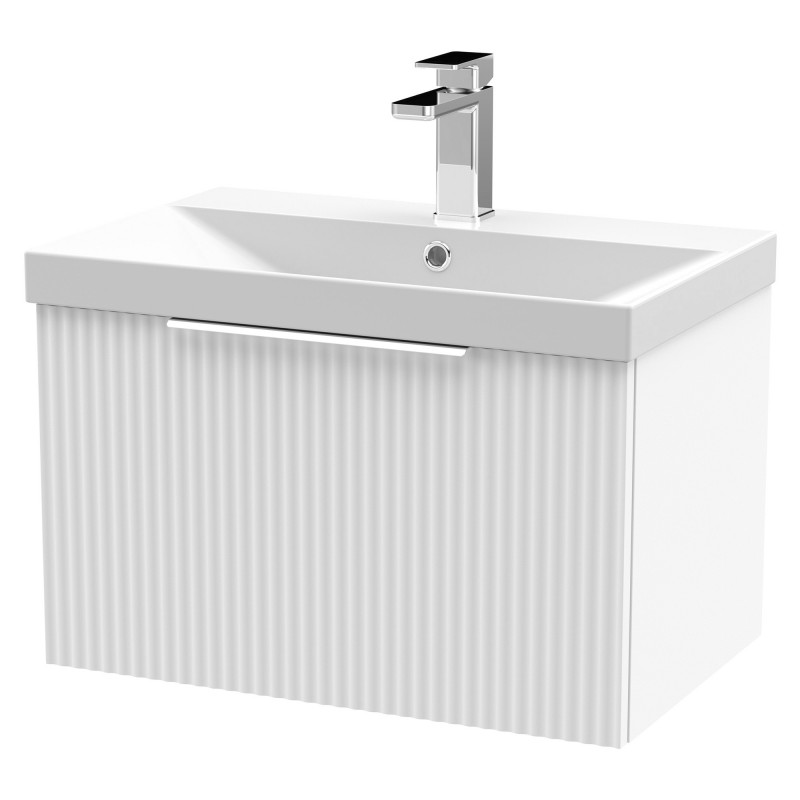 Fluted 600mm Wall Hung Single Drawer Vanity & Thin-Edge Ceramic Basin - Satin White Fluted 600mm Wall Hung Single Drawer Vanity & Thin-Edge Ceramic Basin - Satin White
