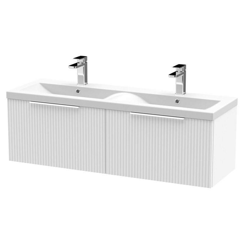 Fluted 1200mm Wall Hung 2 Drawer Vanity & Double Ceramic Basin - Satin White Fluted 1200mm Wall Hung 2 Drawer Vanity & Double Ceramic Basin - Satin White
