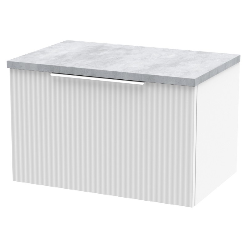 Fluted 600mm Wall Hung Single Drawer Vanity & Bellato Grey Laminate Worktop - Satin White Fluted 600mm Wall Hung Single Drawer Vanity & Bellato Grey Laminate Worktop - Satin White