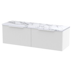 Fluted 1200mm Wall Hung 2 Drawer Vanity With Carrera Marble Laminate Worktop - Satin White