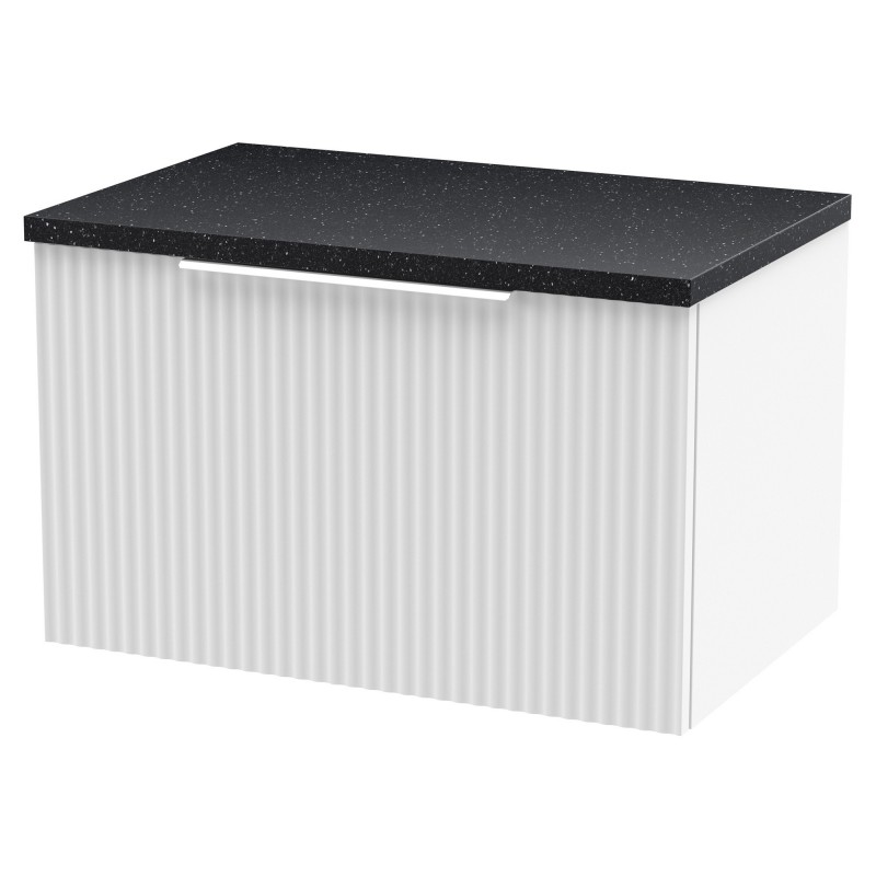 Fluted 600mm Wall Hung Single Drawer Vanity & Black Sparkle Laminate Worktop - Satin White Fluted 600mm Wall Hung Single Drawer Vanity & Black Sparkle Laminate Worktop - Satin White