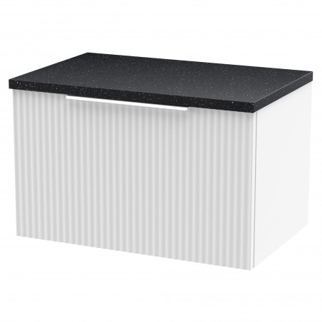 Fluted 600mm Wall Hung Single Drawer Vanity & Black Sparkle Laminate Worktop - Satin White