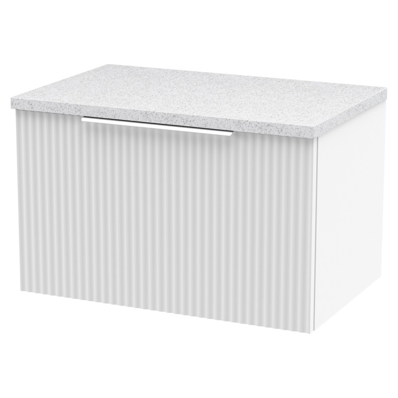 Fluted 600mm Wall Hung Single Drawer Vanity & White Sparkle Laminate Worktop - Satin White Fluted 600mm Wall Hung Single Drawer Vanity & White Sparkle Laminate Worktop - Satin White