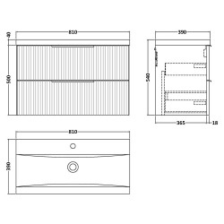Fluted 800mm Wall Hung 2 Drawer Vanity & Mid-Edge Ceramic Basin - Satin White - Technical Drawing