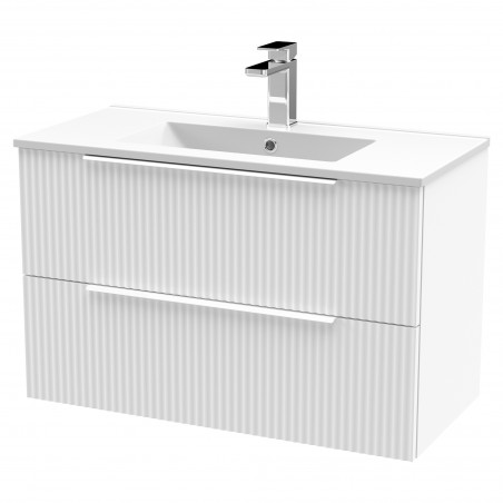 Fluted 800mm Wall Hung 2 Drawer Vanity & Minimalist Ceramic Basin - Satin White