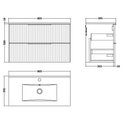 Fluted 800mm Wall Hung 2 Drawer Vanity & Minimalist Ceramic Basin - Satin White - Technical Drawing