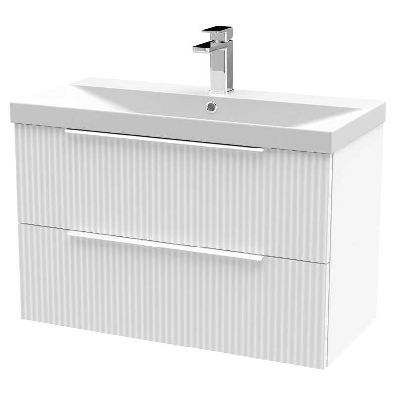 Fluted 800mm Wall Hung 2 Drawer Vanity & Thin-Edge Ceramic Basin - Satin White Fluted 800mm Wall Hung 2 Drawer Vanity & Thin-Edge Ceramic Basin - Satin White