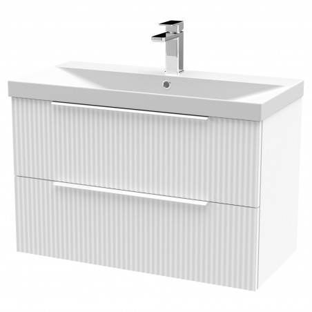 Fluted 800mm Wall Hung 2 Drawer Vanity & Thin-Edge Ceramic Basin - Satin White