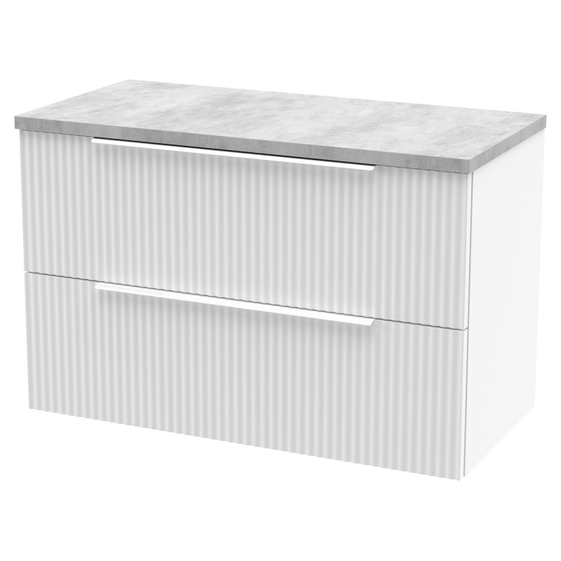 Fluted 800mm Wall Hung 2 Drawer Vanity & Bellato Grey Laminate Worktop - Satin White