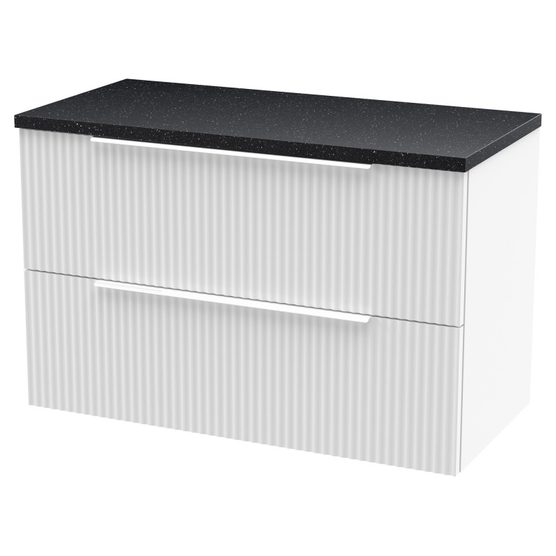 Fluted 800mm Wall Hung 2 Drawer Vanity & Black Sparkle Laminate Worktop - Satin White