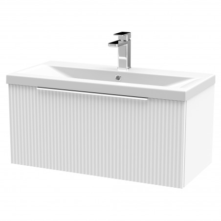 Fluted 800mm Wall Hung Single Drawer Vanity & Mid-Edge Ceramic Basin - Satin White