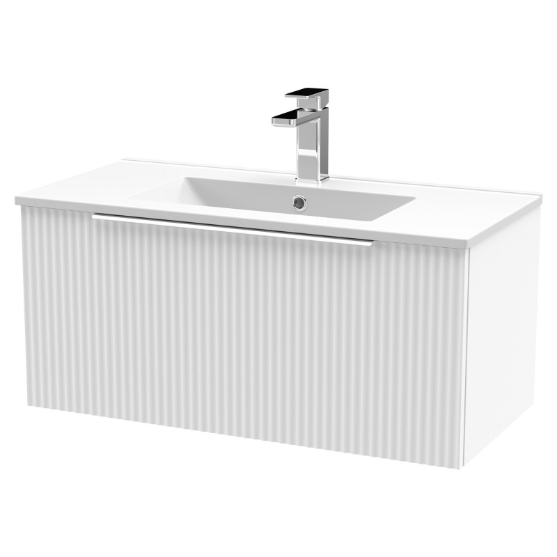 Fluted 800mm Wall Hung Single Drawer Vanity & Minimalist Ceramic Basin - Satin White Fluted 800mm Wall Hung Single Drawer Vanity & Minimalist Ceramic Basin - Satin White