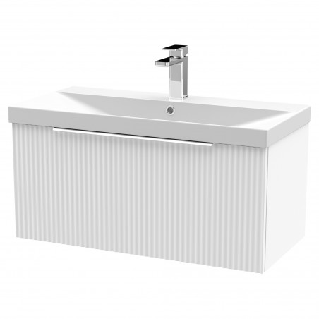 Fluted 800mm Wall Hung Single Drawer Vanity & Thin-Edge Ceramic Basin - Satin White