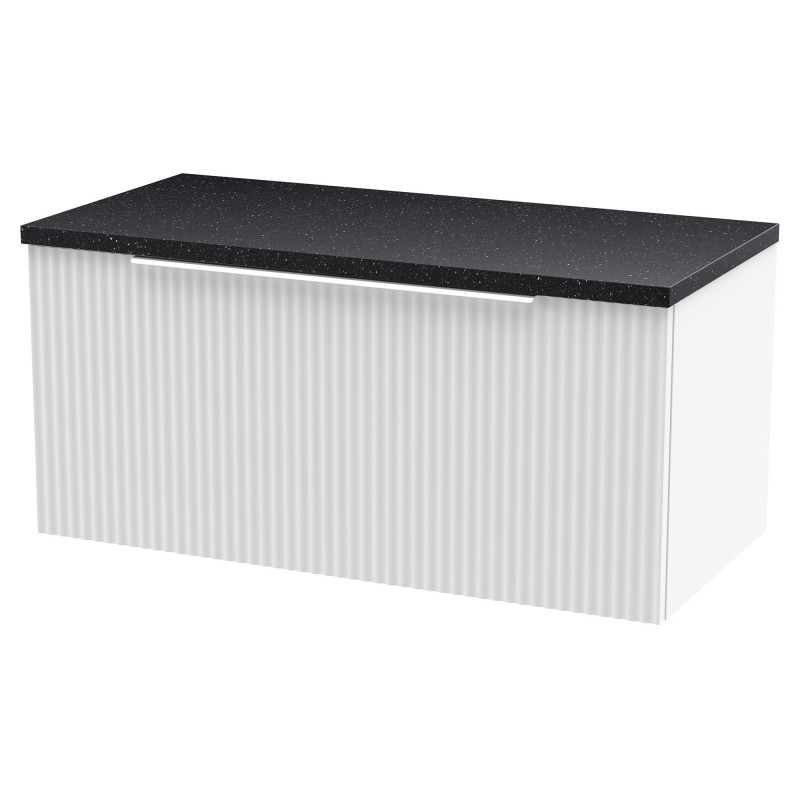Fluted 800mm Wall Hung Single Drawer Vanity & Black Sparkle Laminate Worktop - Satin White Fluted 800mm Wall Hung Single Drawer Vanity & Black Sparkle Laminate Worktop - Satin White
