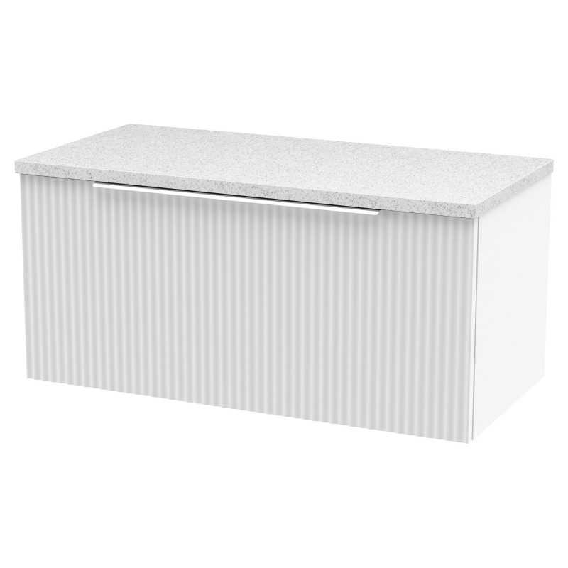 Fluted 800mm Wall Hung Single Drawer Vanity & White Sparkle Laminate Worktop - Satin White Fluted 800mm Wall Hung Single Drawer Vanity & White Sparkle Laminate Worktop - Satin White