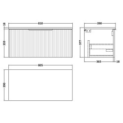 Fluted 800mm Wall Hung Single Drawer Vanity & Worktop - Satin White - Technical Drawing