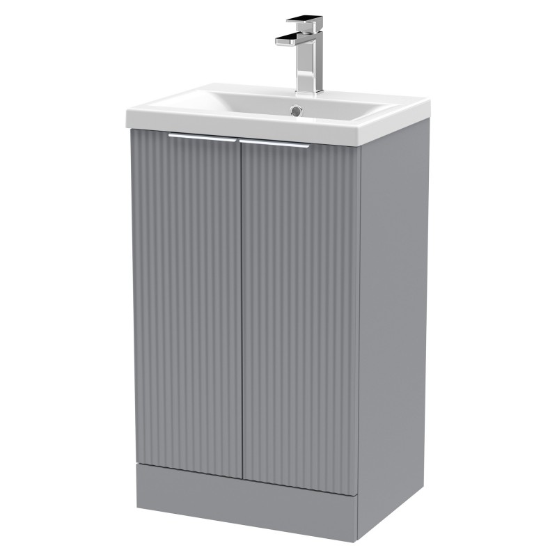 Fluted 500mm Freestanding 2 Door Vanity & Mid-Edge Ceramic Basin - Satin Grey Fluted 500mm Freestanding 2 Door Vanity & Mid-Edge Ceramic Basin - Satin Grey