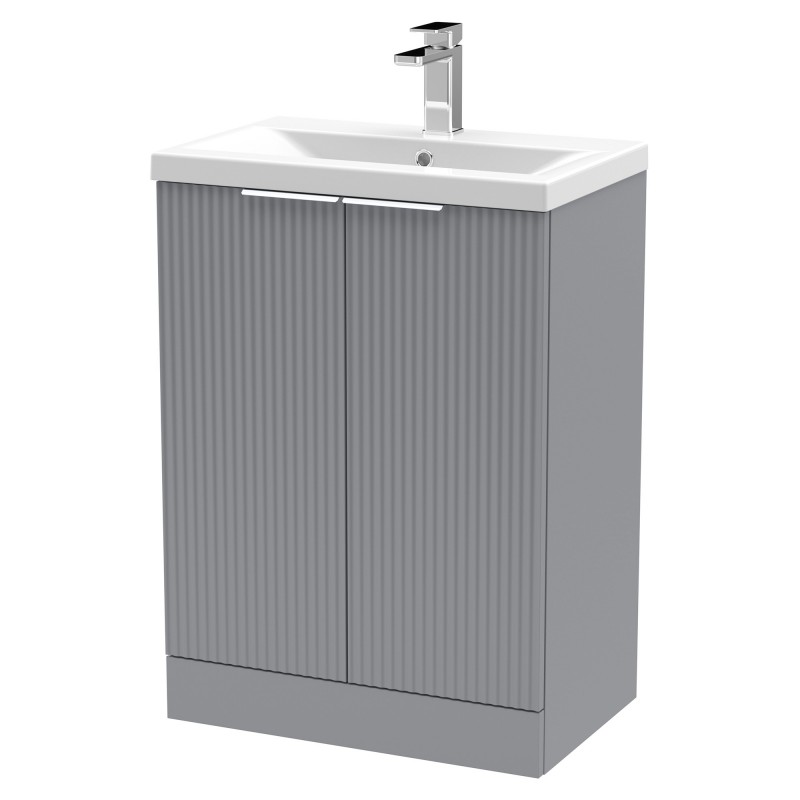 Fluted 600mm Freestanding 2 Door Vanity & Mid-Edge Ceramic Basin - Satin Grey Fluted 600mm Freestanding 2 Door Vanity & Mid-Edge Ceramic Basin - Satin Grey