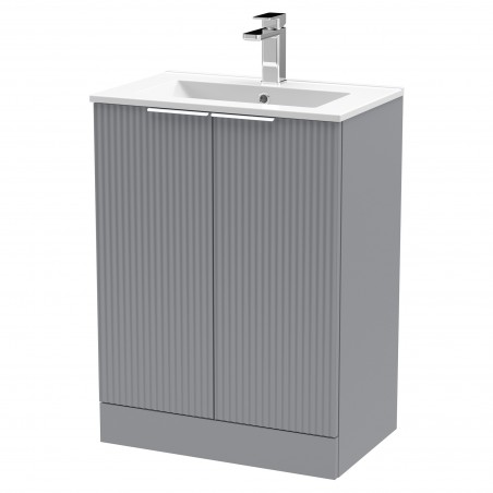 Fluted 600mm Freestanding 2 Door Vanity & Minimalist Ceramic Basin - Satin Grey