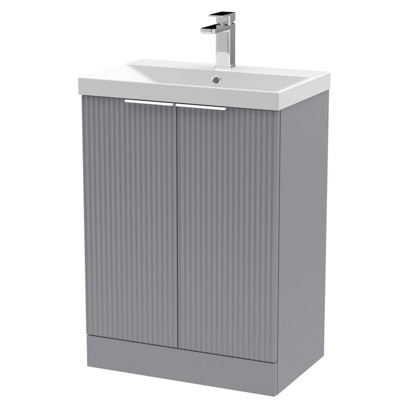 Fluted 600mm Freestanding 2 Door Vanity & Thin-Edge Ceramic Basin - Satin Grey Fluted 600mm Freestanding 2 Door Vanity & Thin-Edge Ceramic Basin - Satin Grey