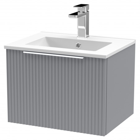 Fluted 500mm Wall Hung Single Drawer Vanity & Minimalist Ceramic Basin - Satin Grey