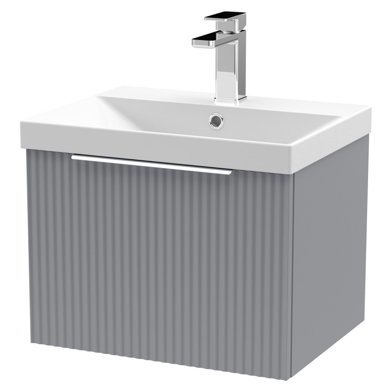 Fluted 500mm Wall Hung Single Drawer Vanity & Thin-Edge Ceramic Basin - Satin Grey