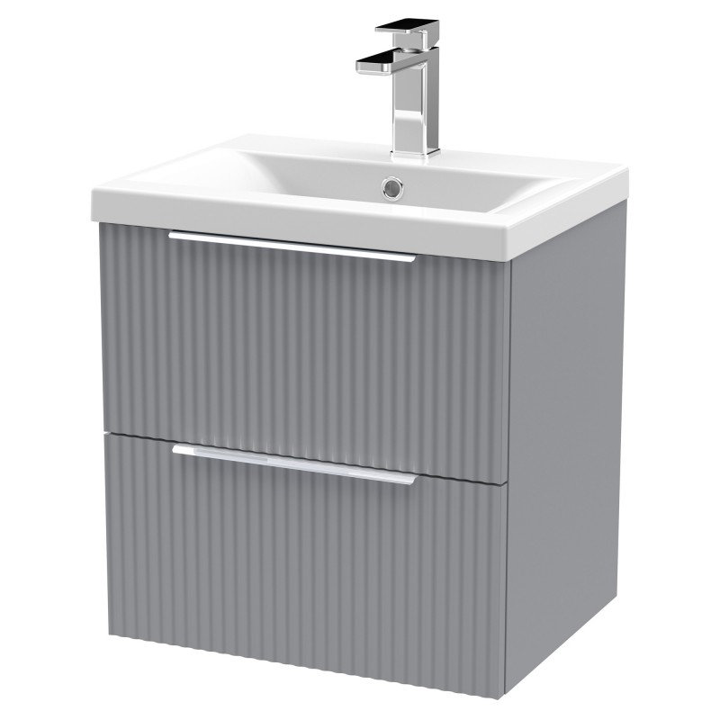Fluted 500mm Wall Hung 2 Drawer Vanity & Mid-Edge Ceramic Basin - Satin Grey Fluted 500mm Wall Hung 2 Drawer Vanity & Mid-Edge Ceramic Basin - Satin Grey
