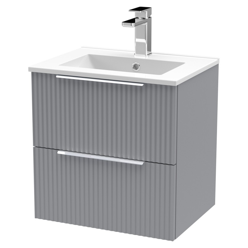 Fluted 500mm Wall Hung 2 Drawer Vanity & Minimalist Ceramic Basin - Satin Grey Fluted 500mm Wall Hung 2 Drawer Vanity & Minimalist Ceramic Basin - Satin Grey