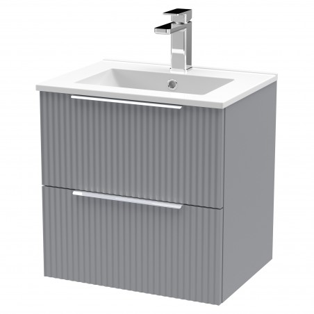 Fluted 500mm Wall Hung 2 Drawer Vanity & Minimalist Ceramic Basin - Satin Grey