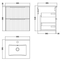 Fluted 500mm Wall Hung 2 Drawer Vanity & Minimalist Ceramic Basin - Satin Grey - Technical Drawing