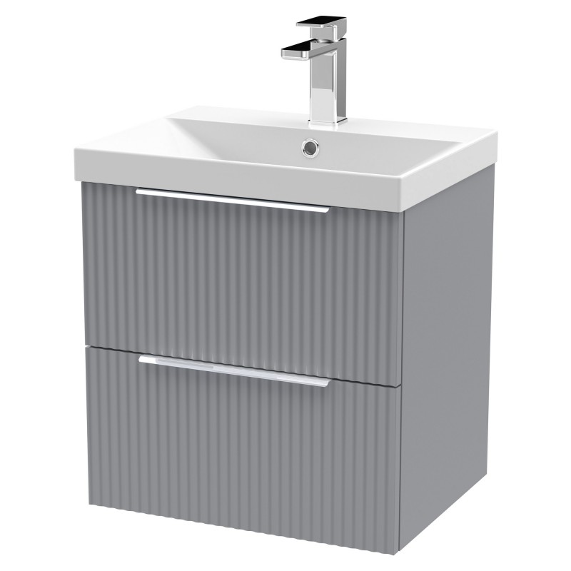 Fluted 500mm Wall Hung 2 Drawer Vanity & Thin-Edge Ceramic Basin - Satin Grey Fluted 500mm Wall Hung 2 Drawer Vanity & Thin-Edge Ceramic Basin - Satin Grey