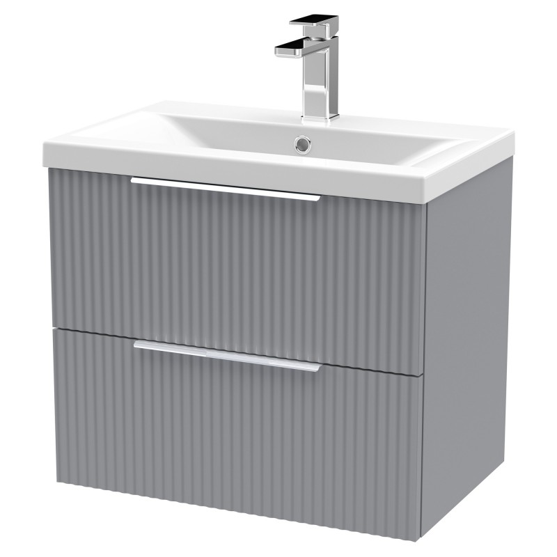 Fluted 600mm Wall Hung 2 Drawer Vanity & Mid-Edge Ceramic Basin - Satin Grey Fluted 600mm Wall Hung 2 Drawer Vanity & Mid-Edge Ceramic Basin - Satin Grey