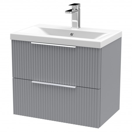 Fluted 600mm Wall Hung 2 Drawer Vanity & Mid-Edge Ceramic Basin - Satin Grey