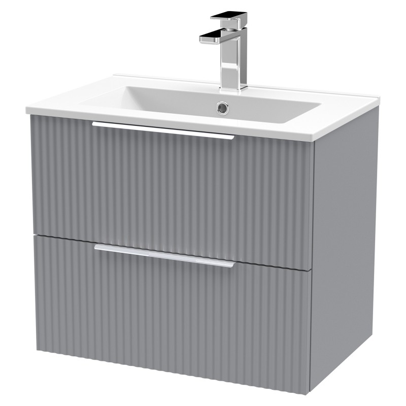 Fluted 600mm Wall Hung 2 Drawer Vanity & Minimalist Ceramic Basin - Satin Grey Fluted 600mm Wall Hung 2 Drawer Vanity & Minimalist Ceramic Basin - Satin Grey