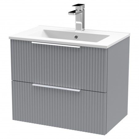 Fluted 600mm Wall Hung 2 Drawer Vanity & Minimalist Ceramic Basin - Satin Grey