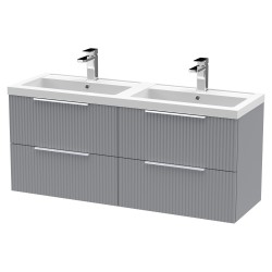 Fluted 1200mm Wall Hung 4 Drawer Vanity & Double Polymarble Basin - Satin Grey