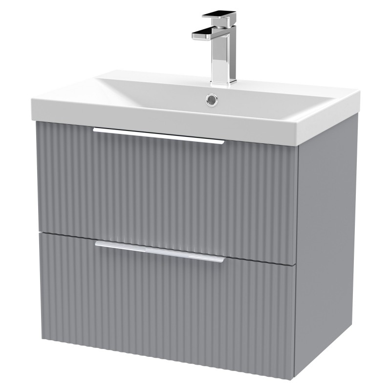 Fluted 600mm Wall Hung 2 Drawer Vanity & Thin-Edge Ceramic Basin - Satin Grey Fluted 600mm Wall Hung 2 Drawer Vanity & Thin-Edge Ceramic Basin - Satin Grey