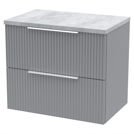 Fluted 600mm Wall Hung 2 Drawer Vanity & Bellato Grey Laminate Worktop - Satin Grey