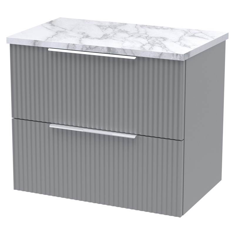 Fluted 600mm Wall Hung 2 Drawer Vanity With Carrera Marble Laminate Worktop - Satin Grey Fluted 600mm Wall Hung 2 Drawer Vanity With Carrera Marble Laminate Worktop - Satin Grey